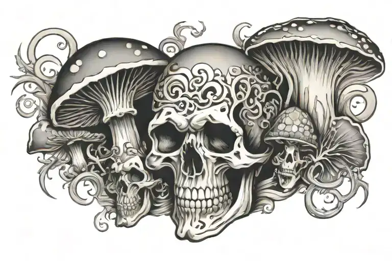  Can you create full back and arm tattoo design for man keeping the following in mind: Mushroom trip, mushrooms, lord sh tattoo design idea
