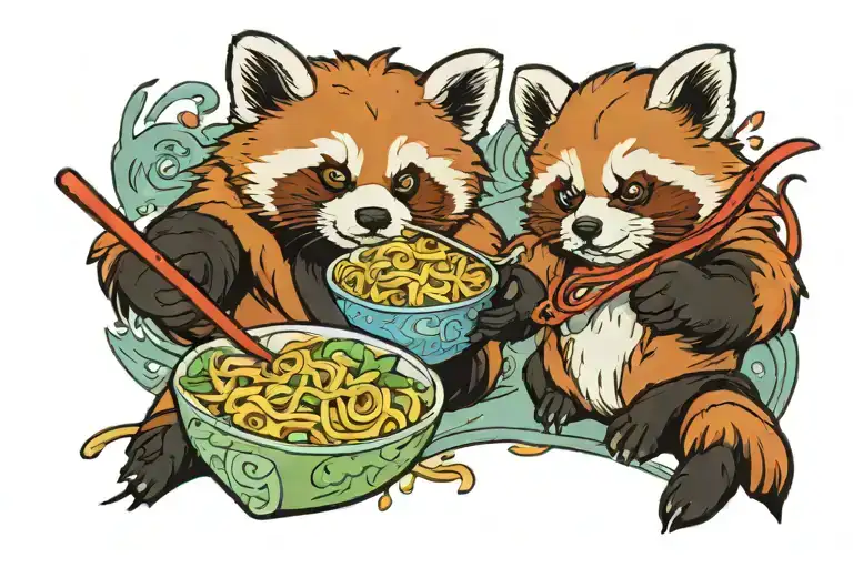 red panda eating ramen noodles with video games tattoo design idea