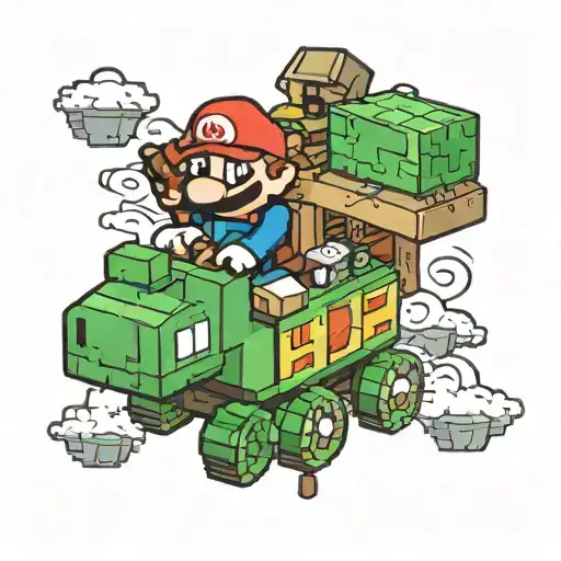tutle riding minecraft cart hitting mario mushroom with a hidden yin and yang tattoo design idea