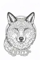 a rectangle frame, black at the bottom half, Roman numeral 27:17 at the bottom, coyote head popping out at top tattoo design idea