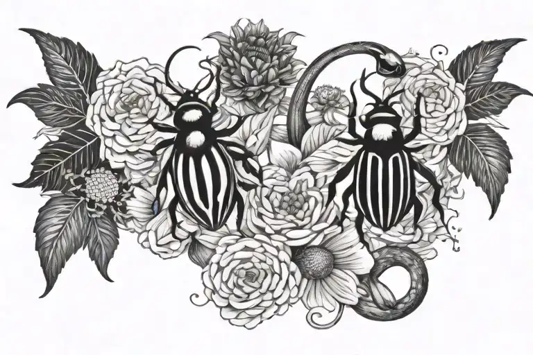 beetles, mushrooms, chrysanthemums, snakes, bees, witchy tattoo design idea