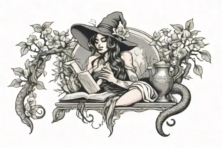 A bohemian style tattoo of a witchy woman reading a book under a magical magnolia tree, with snakes and beetles tattoo design idea