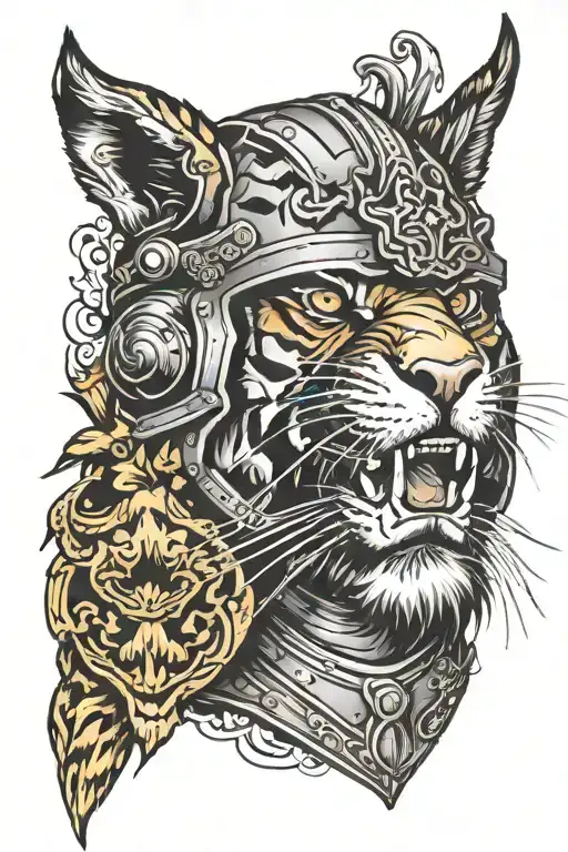 tiger face in knight's helmet with bat tattoo design idea