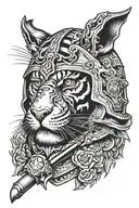 tiger face in knight's helmet with bat tattoo design idea