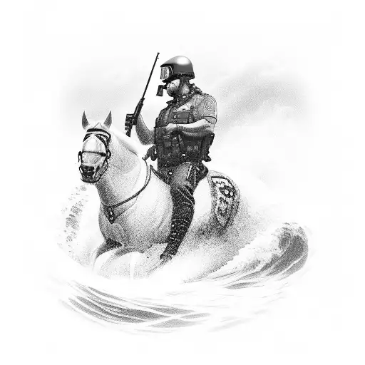 A captivating black-grey tattoo depicting a police officer riding a wave, with a pack of loyal pets by their side tattoo design idea