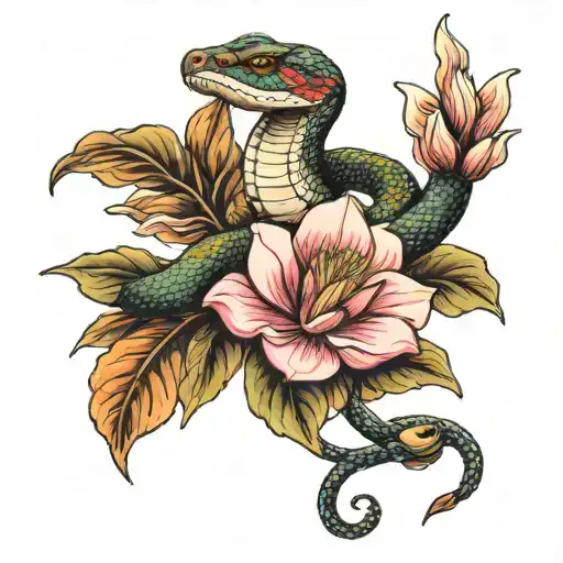 snake and magnolia flower tattoo design idea