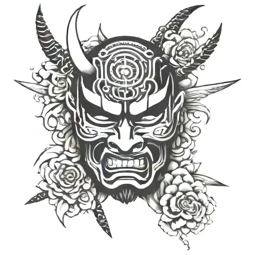 samurai mask split in half tattoo design idea