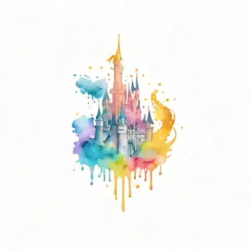 Disney Castle splash of colour, with a firework making the beauty and the beast rose + Ariel sea shells  tattoo design idea