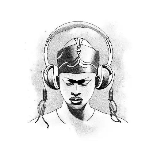 A black-grey tattoo depicting an Egyptian pharaoh wearing headphones and DJing tattoo design idea