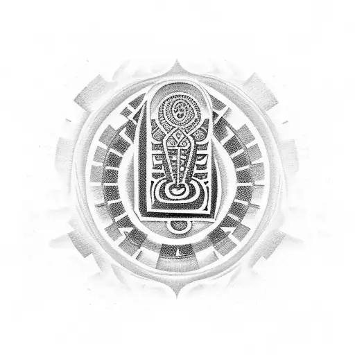 A dotwork tattoo of an Aztec-inspired music note surrounded by Egyptian hieroglyphics tattoo design idea