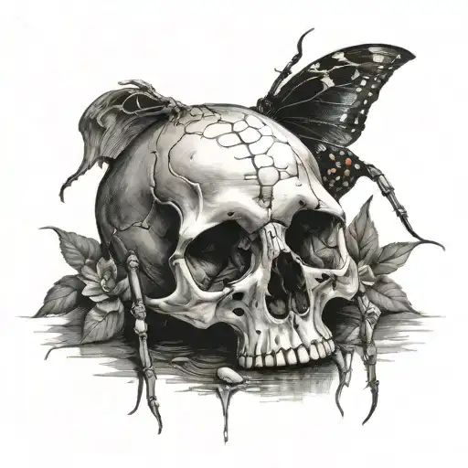 pretty swedish vittra under moonlight looking at a skull, spider legs from her back sprawling out tattoo design idea