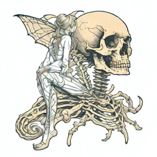 pretty swedish vittra elf under moonlight looking at a skull, spider legs from her back sprawling out tattoo design idea