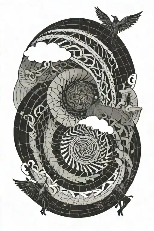 fibonacci spiral with sketched human flying towards the sky tattoo design idea