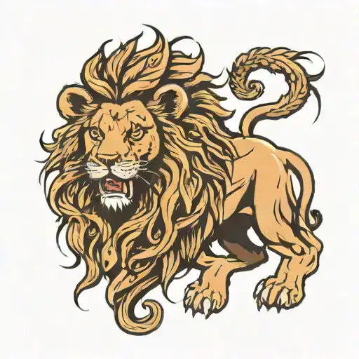 a lion,a dynamic pose, with its mane flowing and its eyes fierce and determined.Surrounding the lion, a laurel wreath tattoo design idea
