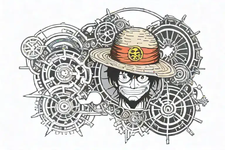 Upper Arm:Main Motif: Luffy (One Piece) remains the central figure, holding his straw hat, ready for adventure. Surround tattoo design idea