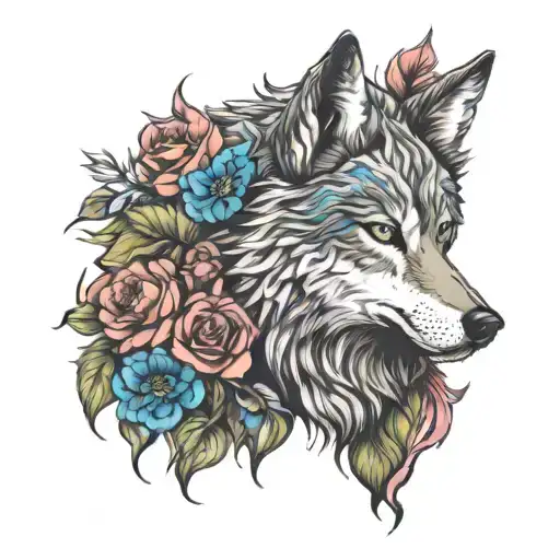 lone wolf face floral background colored   tattoo design idea