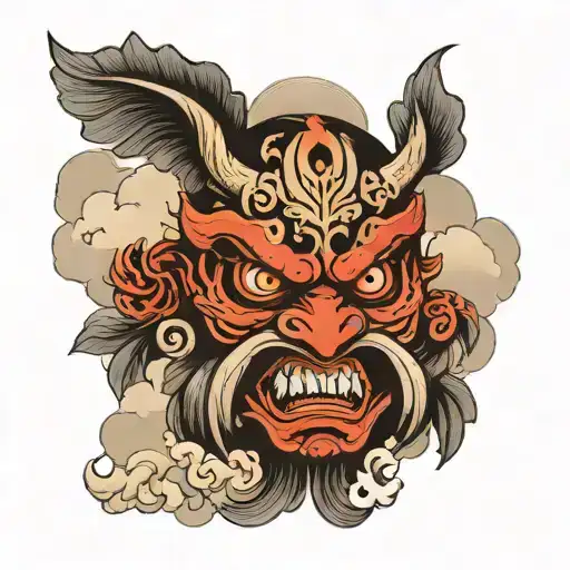 Tengu Maske mit Ahorn Blätter in wolken  tattoo design idea