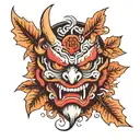 Tengu Mask with maple leaf  tattoo design idea