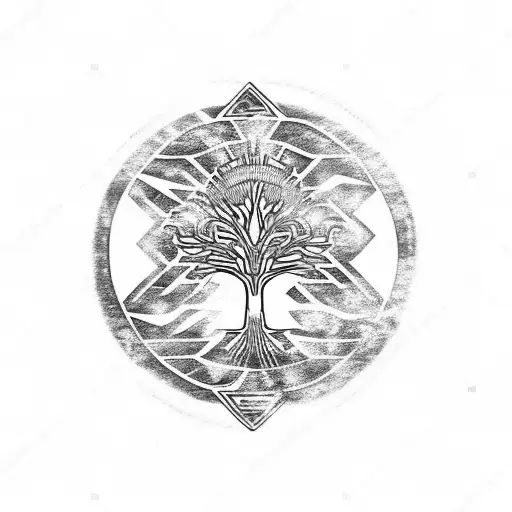 Tattoo of an Aztec-style tree in a circular shape with branches on one side and roots on the other tattoo design idea