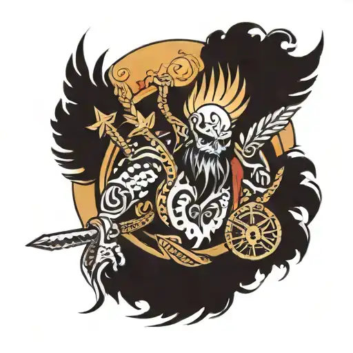 triton with the moon cycle, sun, bottle of wine, wheat, peacock feathers, two coins, wings, a sword a Shield lightning b tattoo design idea