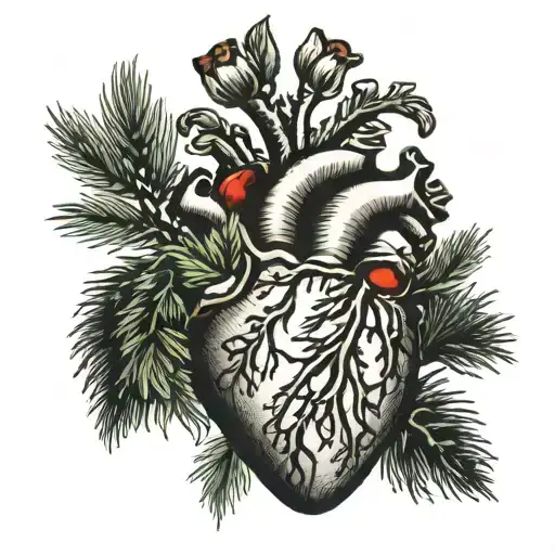 realistic heart with sprigs of pine around it tattoo design idea