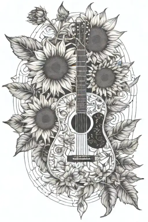 an acoustic guitar surrounded by sunflowers tattoo design idea