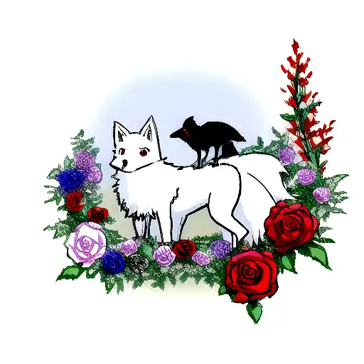 arctic fox and red fox with ravens suflowers roses and butterflies  tattoo design idea