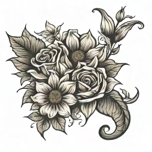 rose, sunflower, iris, chrysanthemum, gerber daisy tattoo design idea