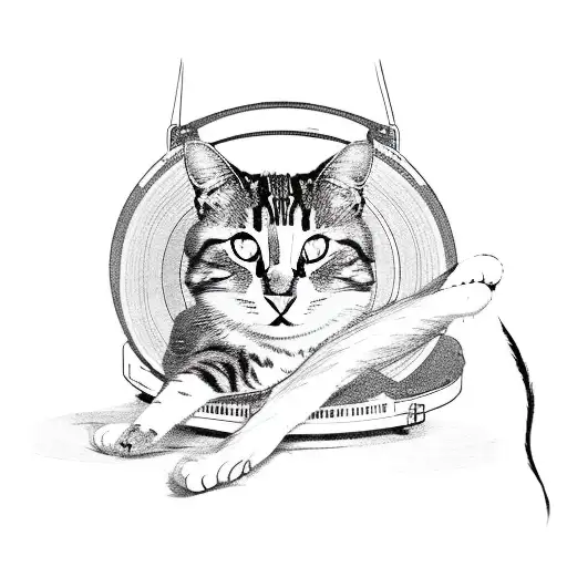 A cat sitting on a pile of vintage vinyl records tattoo design idea