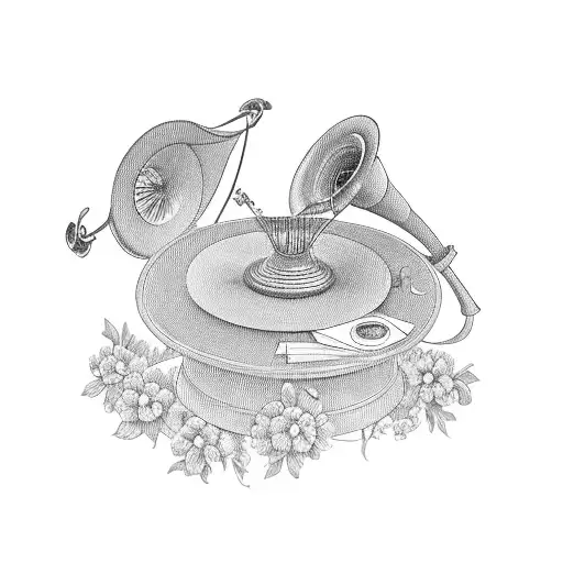 An antique gramophone with flowers blooming from it tattoo design idea