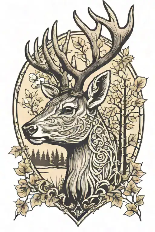 deer head with trees tattoo design idea