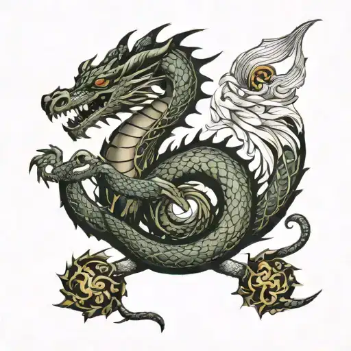 dragon protecting three zodiacs two aries and a leo tattoo design idea