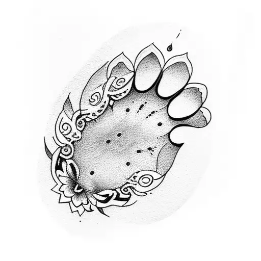 A dotwork tattoo of a cat's paw print with a peaceful lotus flower incorporated within the design tattoo design idea