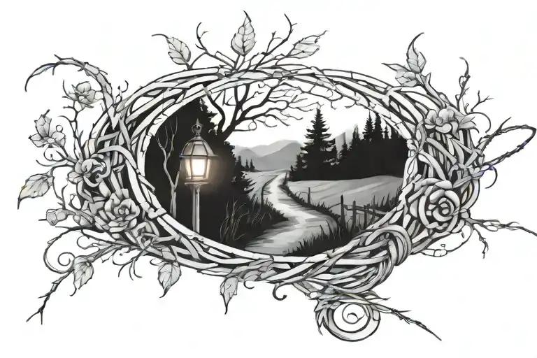 winding path with fire, barbed wire, broken glass leading to a peaceful meadow tattoo design idea