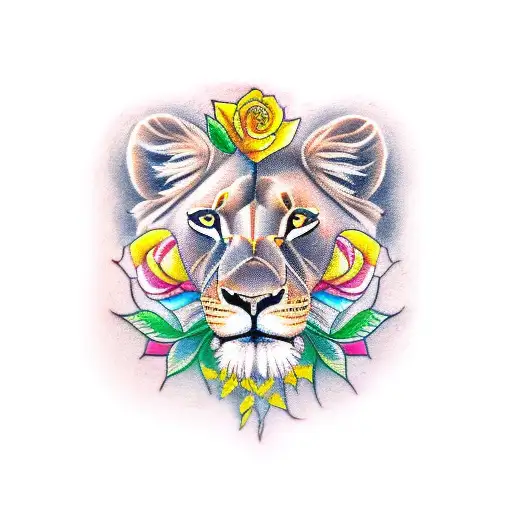 lioness ,yellow rose, cardinal, colorful tattoo design idea