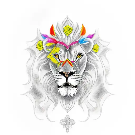 lion,yellow rose, cardinal, colorful tattoo design idea