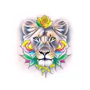 lioness ,yellow rose, cardinal, colorful tattoo design idea
