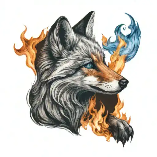 silver fox with bright blue eyes sitting in front of a fire  tattoo design idea