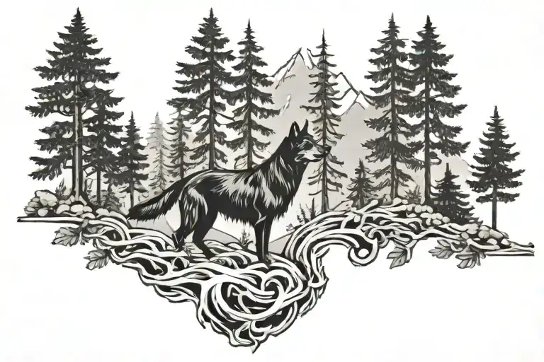 Mdale and dog and evergreen tree tattoo design idea