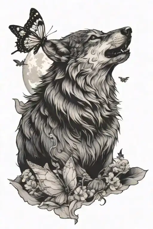 wolf howling at the moon, butterflies   tattoo design idea