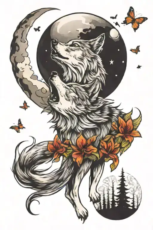 wolf howling at the moon, butterflies flying tattoo design idea