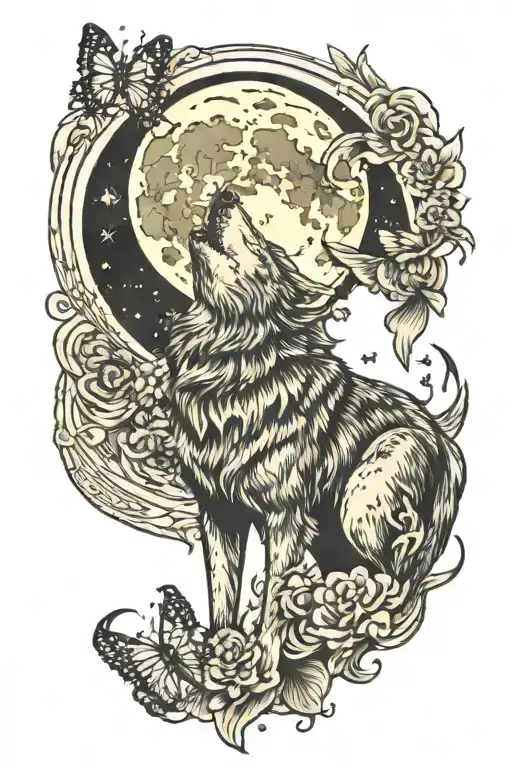 wolf howling at the moon, butterflies flying tattoo design idea