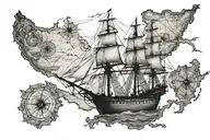 USS Constitution intertwined in a ripped map with compass in corner. Stippling style tattoo design idea