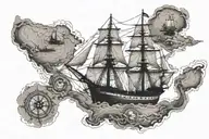 USS Constitution intertwined in a ripped map with compass in corner. Stippling style tattoo design idea