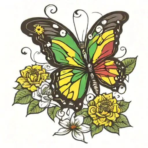 Make a tattoo with a butterfly and Jamaica flag waving tattoo design idea
