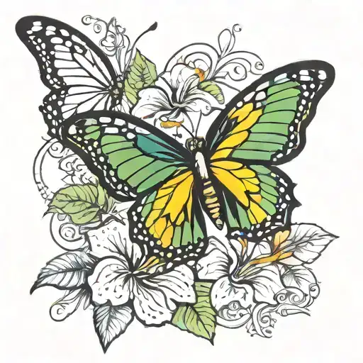 butterfly with Jamaican flag and hibiscus flower blooming tattoo design idea