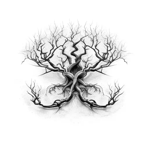 A twisted and contorted tree with branches that resemble skeletal arms tattoo design idea