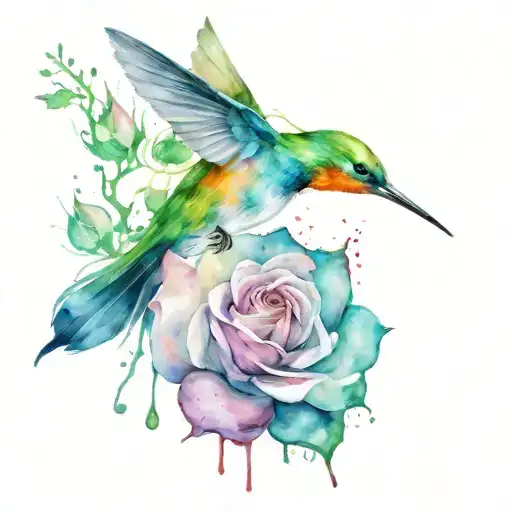 flower rose with a big  hummingbird flying in a stain tattoo design idea