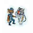 Illustrate a sketch-style tattoo of a scarecrow and a tiger engaged in a fierce battle tattoo design idea