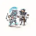 Illustrate a sketch-style tattoo of a scarecrow and a tiger engaged in a fierce battle tattoo design idea